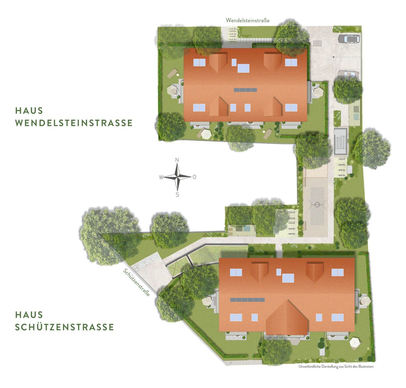 Freiflächenplan der WENDELGÄRTEN mit Haus Schützenstraße und Haus Wendelsteinstraße