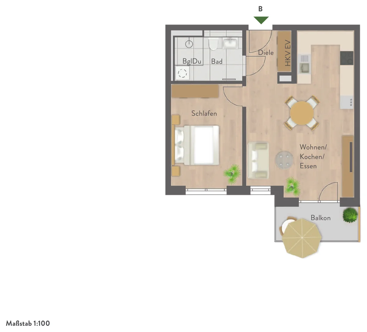 Grundriss 2-Zimmer-Wohnung Nr. 05, Obergeschoss, 53,37&nbsp;m²