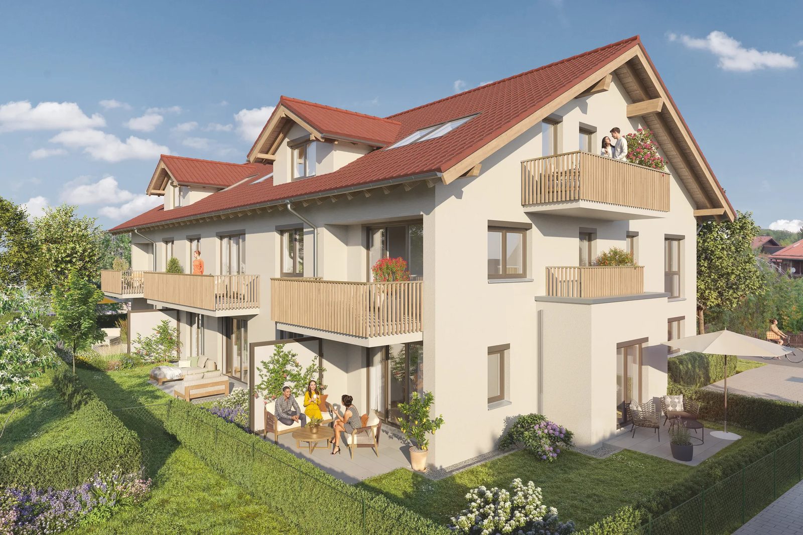 Visualisierung: Haus mit Holzbalkonen und Gartenterrassen