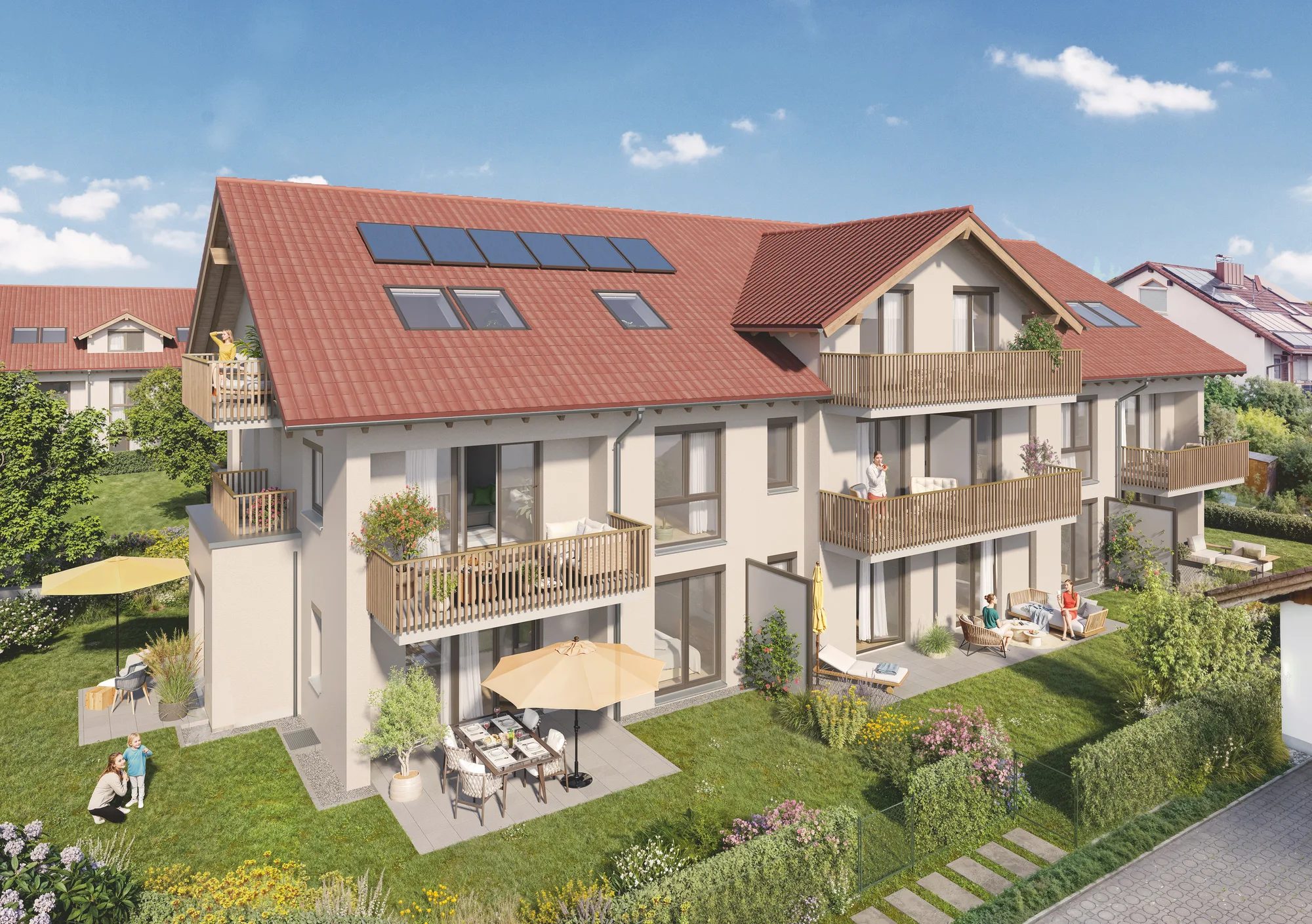 Visualisierung der WENDELGÄRTEN: Mehrfamilienhaus mit rotem Satteldach, Holzbalkonen und Gartenterrassen