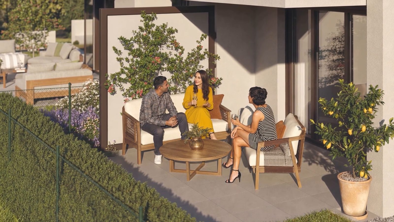 Überdachte Terrasse mit Lounge-Möbeln