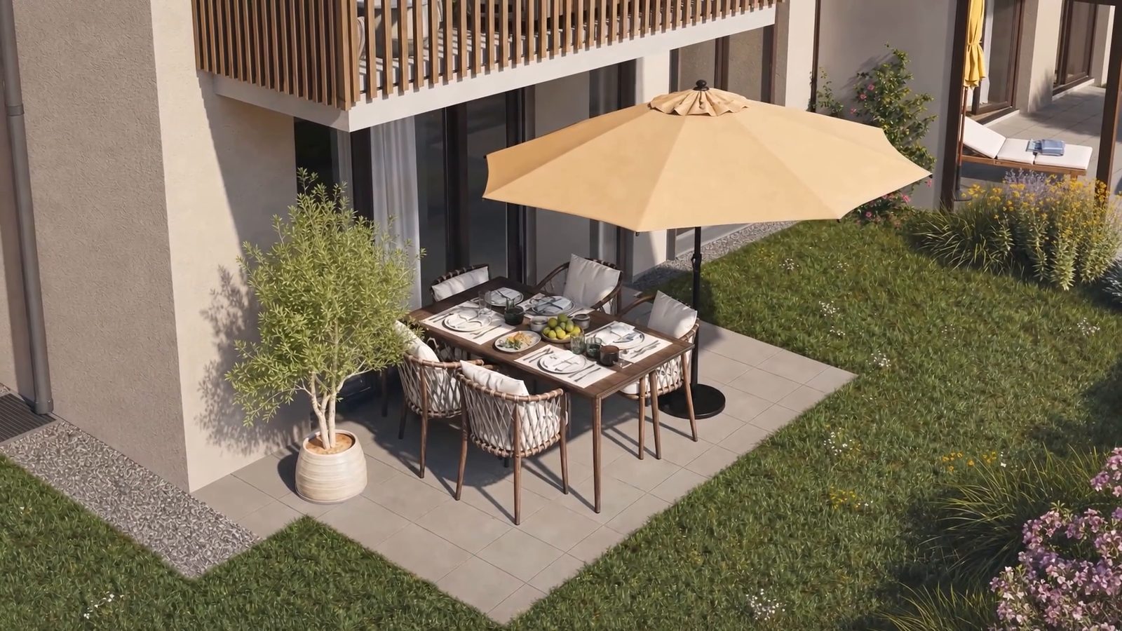 Visualisierung: Gartenterrasse mit Sonnenschirm